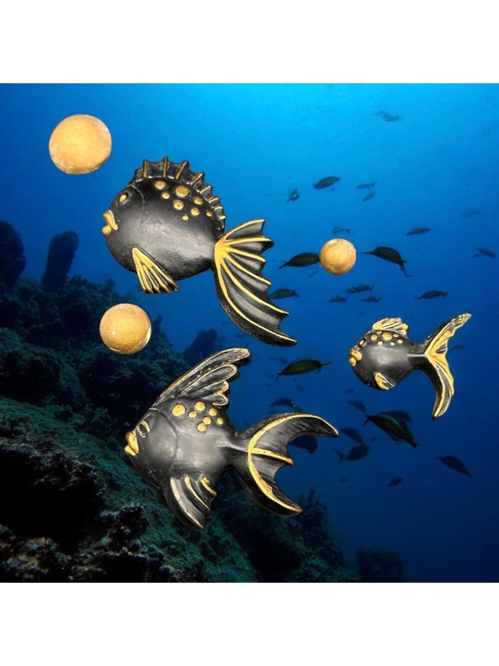 Vintage Chalkware Fish Wall Decor Set Mid Century Black Gold Bathroom Kitschy